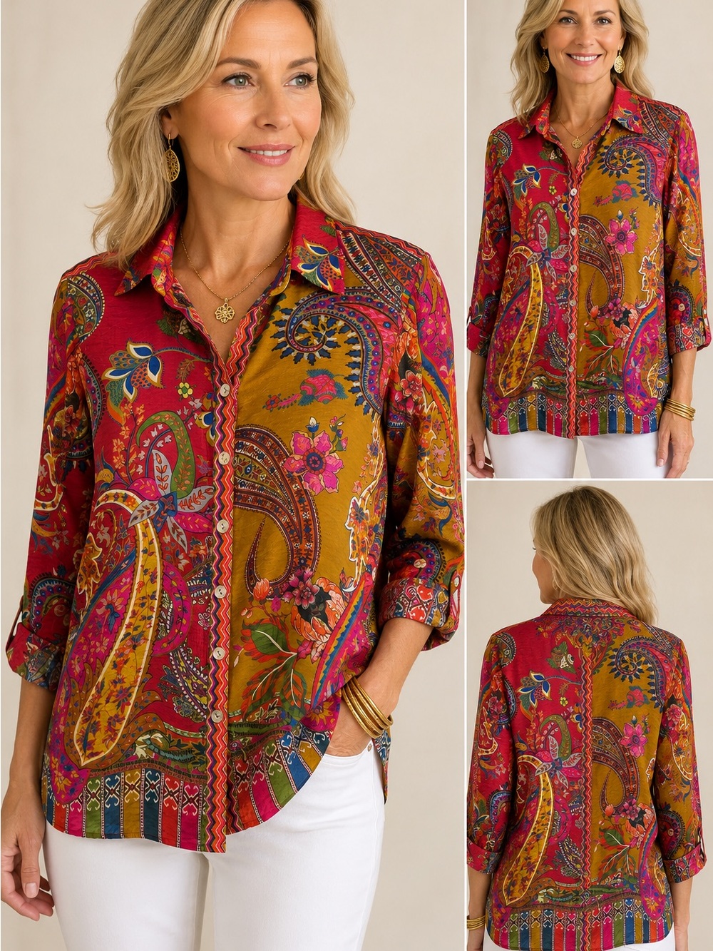 John Mark Size S Boho Paisley Patchwork Button Front Blouse